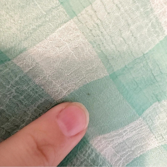 FREE PEOPLE Semi Sheer Gingham Blouse Button Up Top Green White High Low Small - Picture 8 of 12